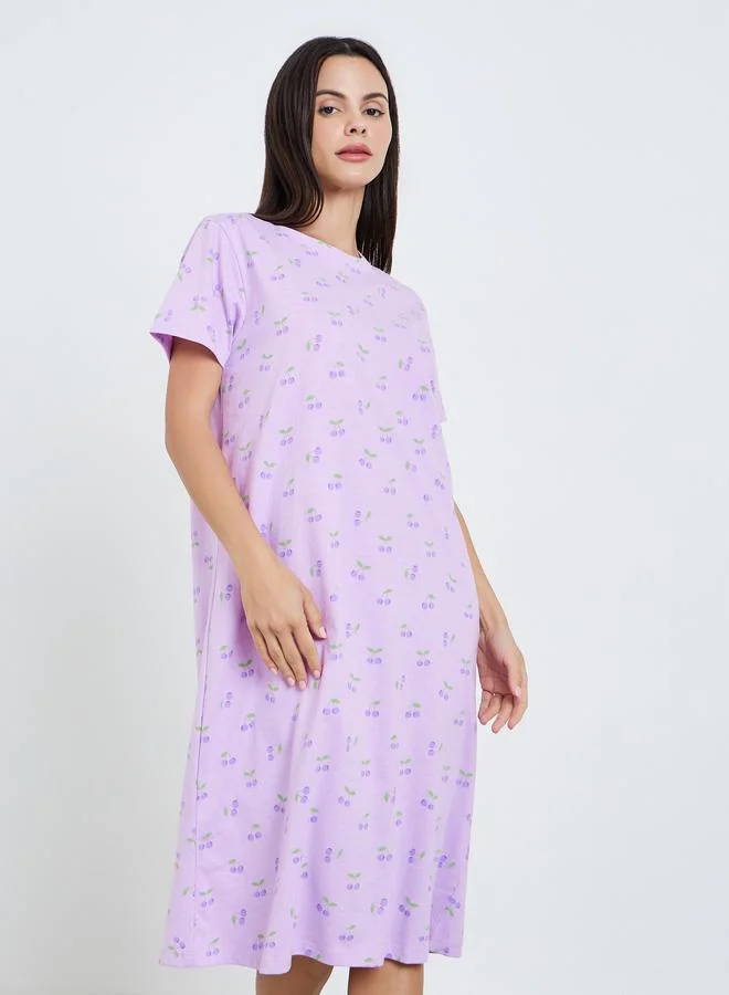 Styli Pack of 2 - Purple Cherry Print Short Sleeve Nightdress